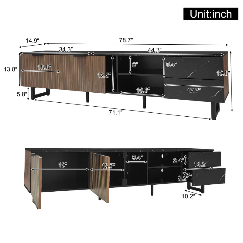Modern TV Cabinet with 2 Doors, Drawers and Open Shelves, Stylish Storage Cabinet with LED Lighting, 78.5'' L x 20'' W x 15'' H, Black+Wood