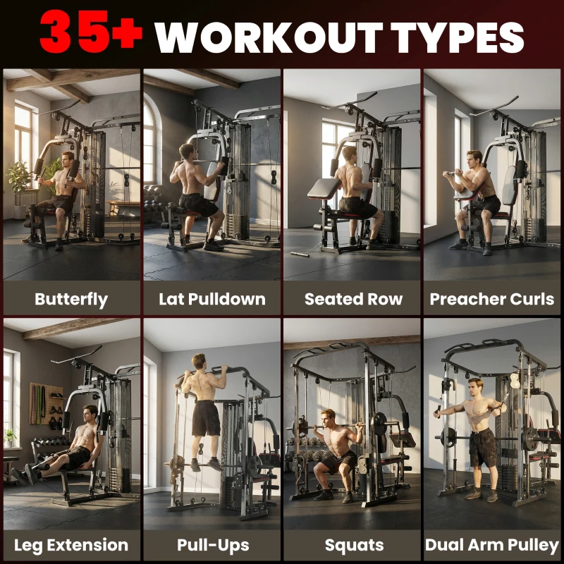 Soozier Home Multi Gym Smith Machine with 143LBS Weight Stack, Cable Pulley System, Chest Station, Preacher Pad, Leg Developer