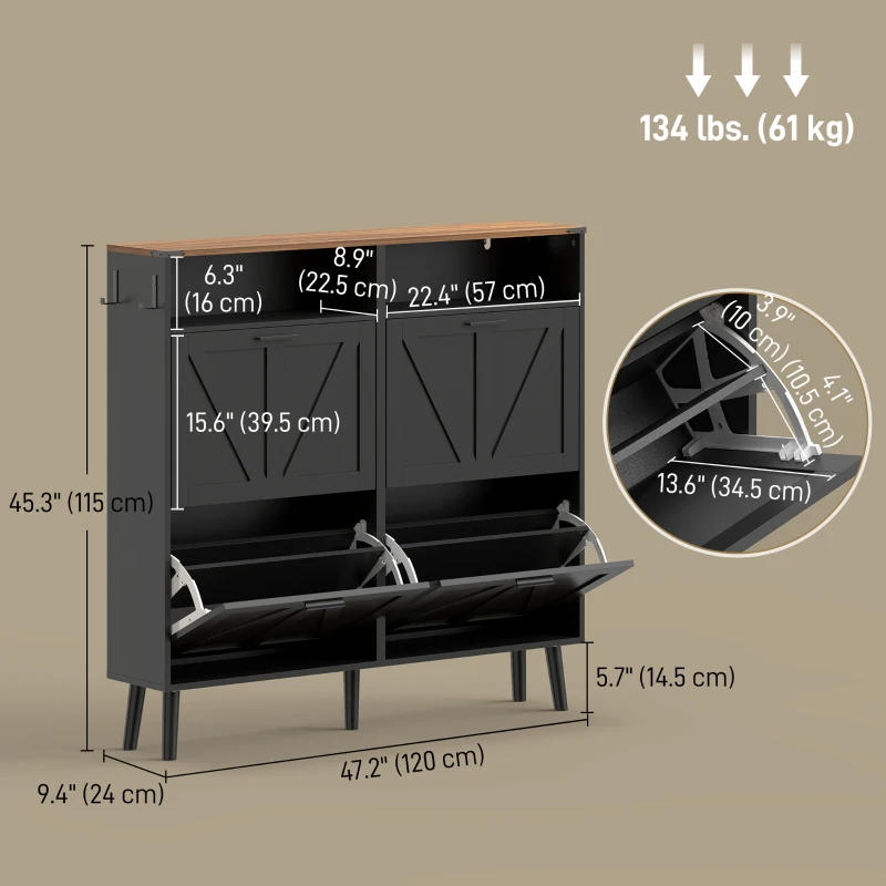 HOMCOM Shoe Storage Cabinet with 4 Flip Drawers, Farmhouse Narrow Shoe Cabinet, Holds Up to 24 Pairs, Black