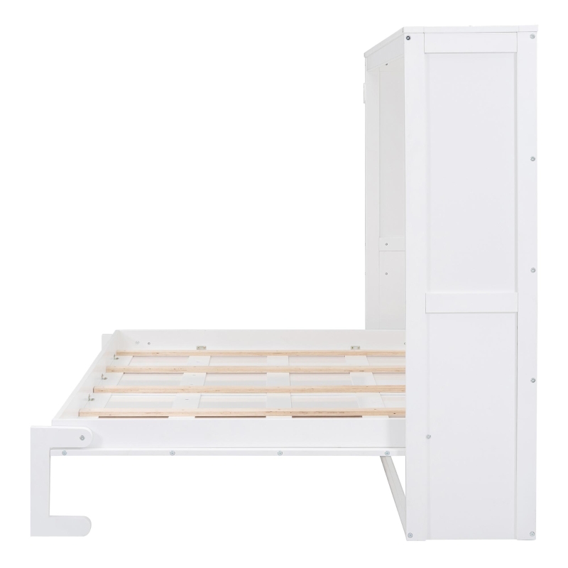 Full Size Murphy Wall Bed with Dual-Piston Folding Mechanism, Fold-Away Cabinet with Slatted Mattress, 77.5'' L x 61.5'' W x 62'' H, White