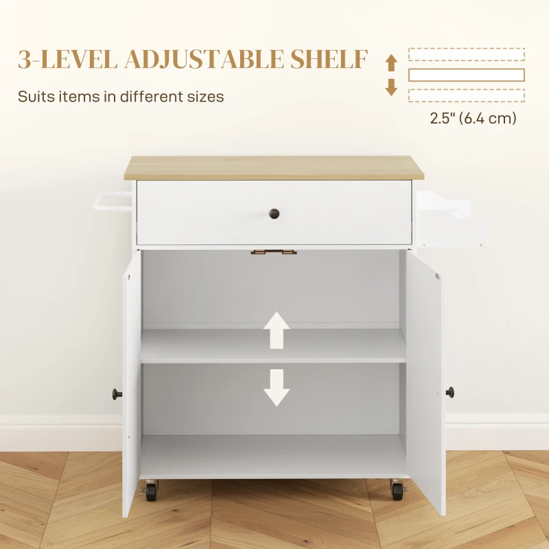 HOMCOM Rolling Kitchen Island with Drop Leaf, Kitchen Storage Cart with Drawer, Spice Rack and Towel Rack, White