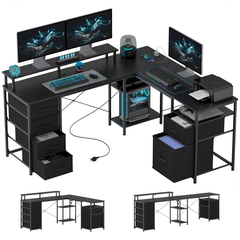 HOMCOM 66" Reversible L Shaped Computer Desk, Corner Desk with File Drawer, Power Outlets and LED Lights, Distressed Black