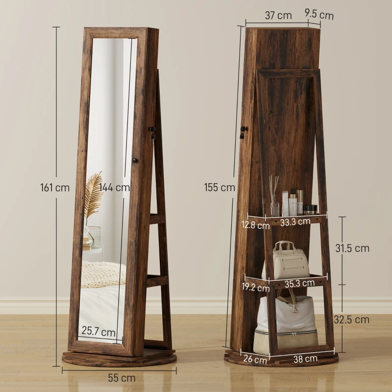 HOMCOM 360° Swivel Jewelry Armoire, Lockable Jewelry Cabinet with Full-Length Mirror, Storage Shelves, Rustic Brown