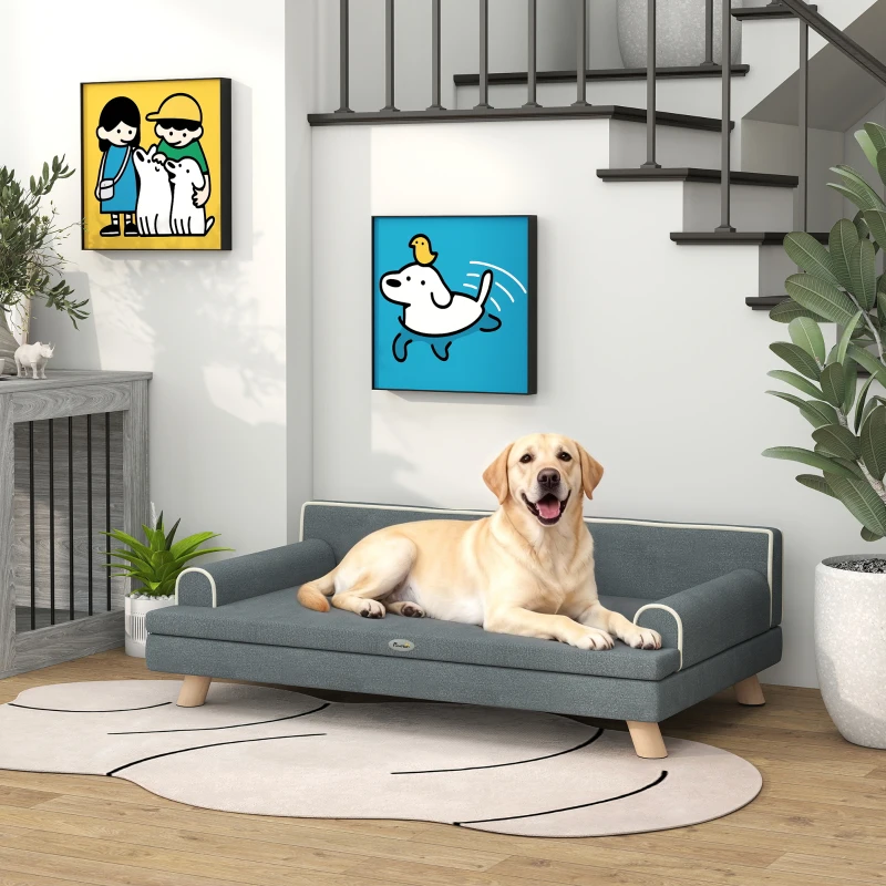 PawHut Dog Bed, Large Dog Couch with Washable Cover, Wooden Legs, Elevated Fancy Foam Pet Sofa for Medium & Large Breeds, Gray