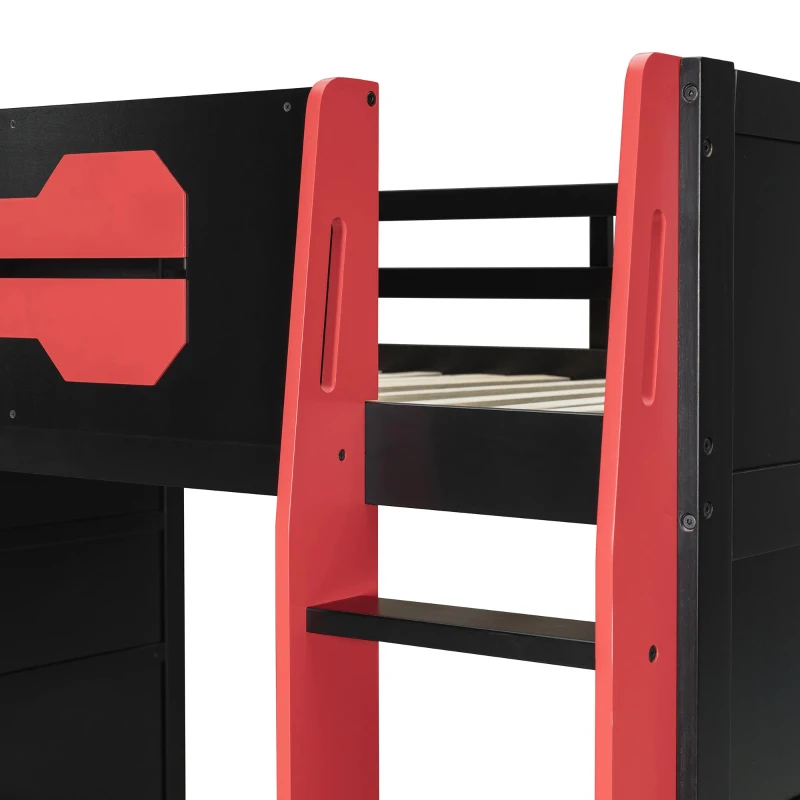 Full Size Wood Loft Bed with Multi-Tier Storage Shelves, Esports-Style Bed Frame with Integrated Side Desk, 93.5'' L x 55.5'' W x 65'' H, Red