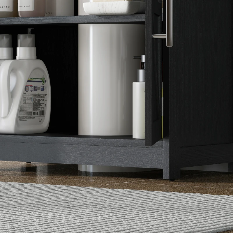 HOMCOM Farmhouse Pedestal Sink Storage Cabinet, Bathroom Sink Cabinet with 2 Barn Doors and Adjustable Shelf, Distressed Black