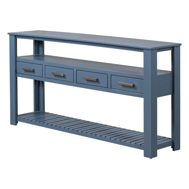 Large Entryway Console with 4 Drawers and 3-Tier Open Shelves, Versatile Table with Adjustable Feet, 62'' L x 14'' W x 32'' H, Navy Blue