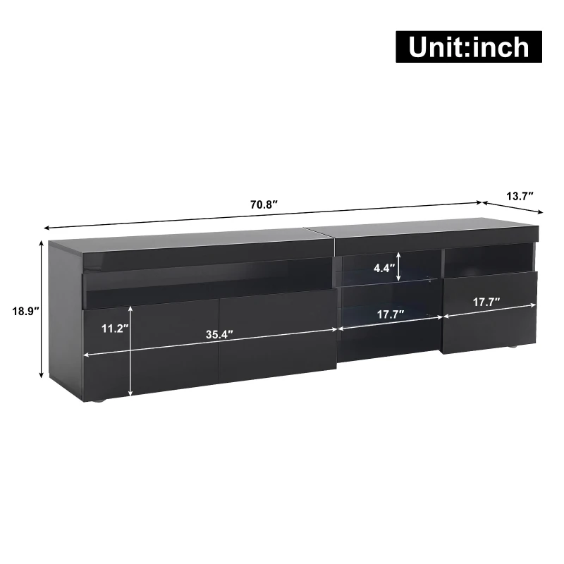 Modern TV Cabinet with LED Strip and Adjustable Colours, Stylish Media Console with Low-Profile Storage, 71'' L x 13.5'' W x 19'' H, Black