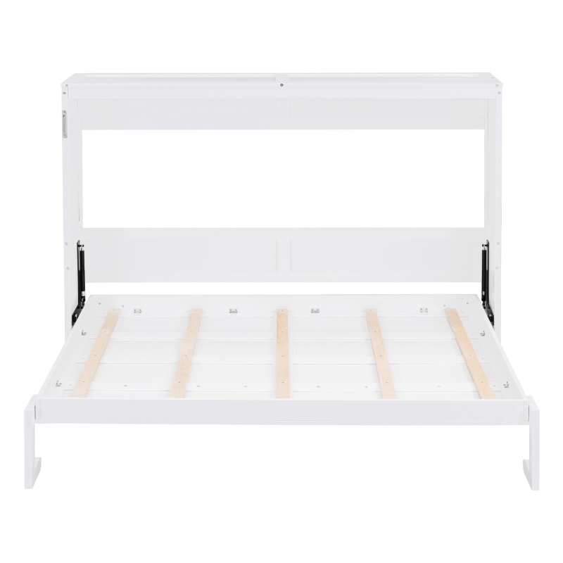 Full Size Murphy Wall Bed with Dual-Piston Folding Mechanism, Fold-Away Cabinet with Slatted Mattress, 77.5'' L x 61.5'' W x 62'' H, White