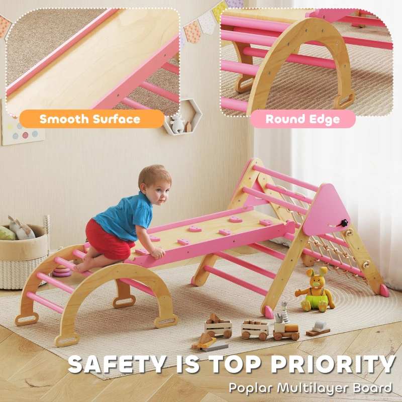 Qaba 8-in-1 Pikler Triangle Set, Foldable Wooden Climbing Toys with Arch, Ramp and Ladder for Ages 18-48 Mouths, Pink