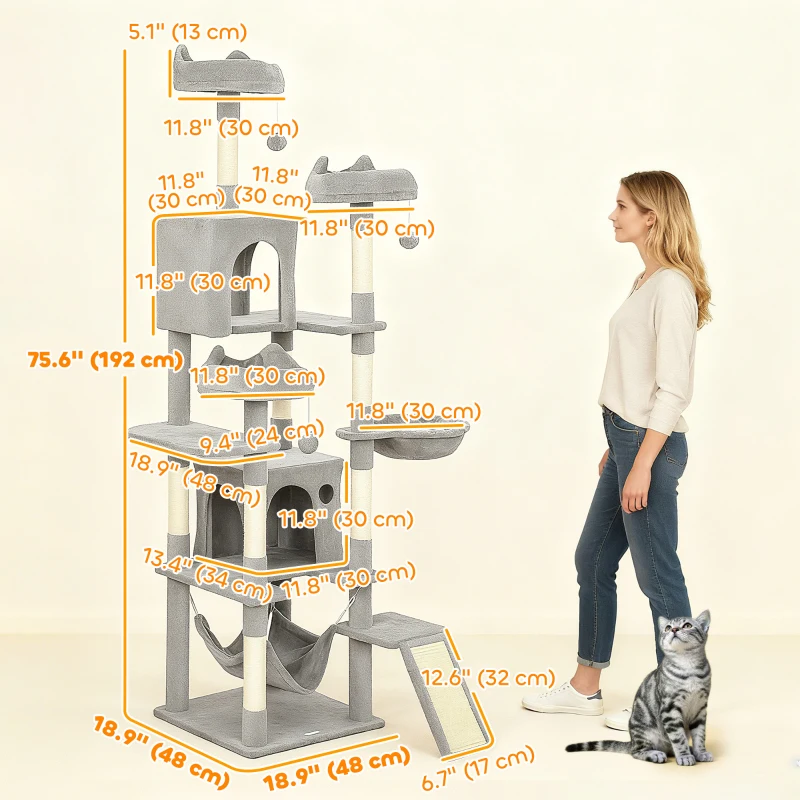 PawHut 76" Large Cat Tree for Indoor Cats with 8 Scratching Posts, 3 Plush Beds, 2 Hammocks, 2 Large Condos, Ramp, Light Grey