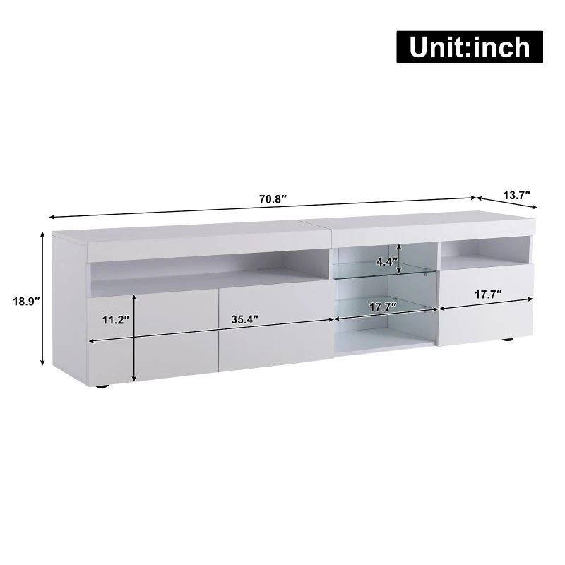 Modern TV Cabinet with 3-Door Storage and Internal Shelves, Elegant Media Console with USB LED Lighting, 71'' L x 13.5'' W x 19'' H, White