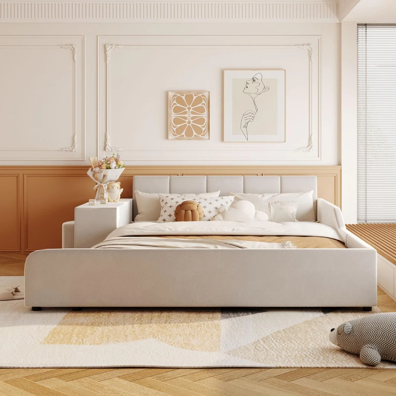 Queen Size Upholstered Bed with Built-In Bedside Desk and Round Stool, Solid Bedboard with Sturdy MDF Frame, 85'' L x 73'' W x 29'' H, Beige