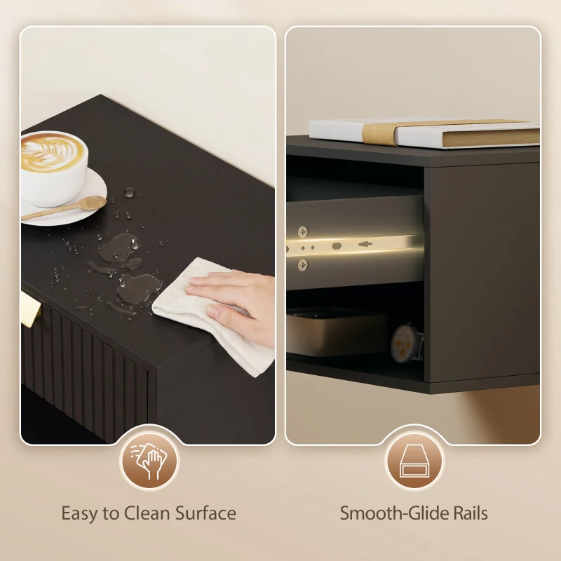 HOMCOM Set of 2 Wall Mounted Bedside Tables, Floating Nightstands with Fluted Drawer and Open Shelf for Bedroom, Black