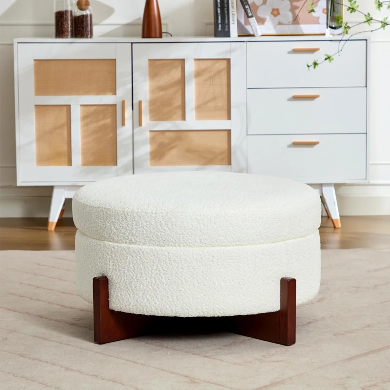Round Storage Ottoman with Storage and Wood Legs, Versatile Coffee Table with Tufted Upholstered Top, 32'' L x 32'' W x 18'' H, Soft White