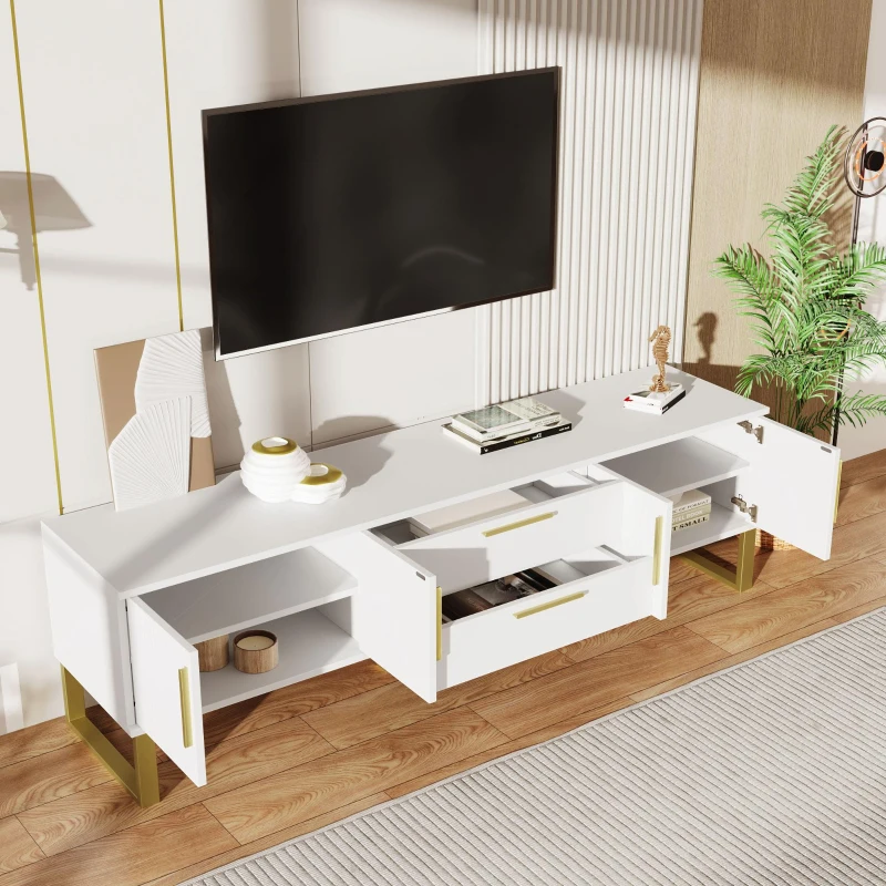 Modern TV Cabinet with Centre Drawers and Internal Shelves, Floor-Standing Console with Cable Management, 67'' L x 15.5'' W x 20.5'' H, White
