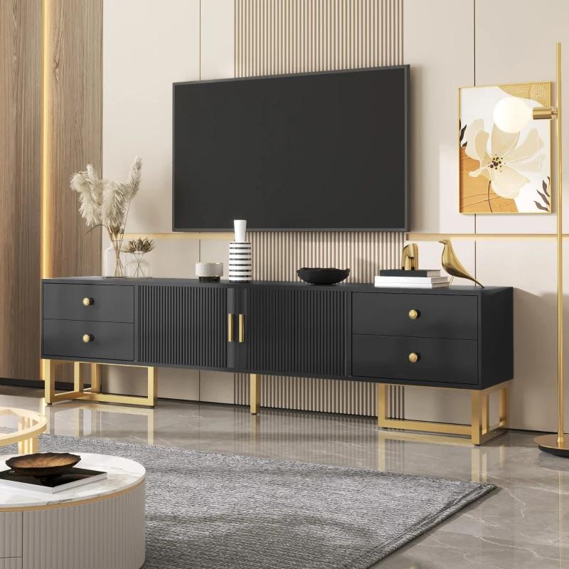 Modern TV Cabinet with Textured Doors, 4 Drawers & 2 Cabinets, Solid TV Stand with Metal Handles and Legs, 69'' L x 12'' W x 17.5'' H, Black