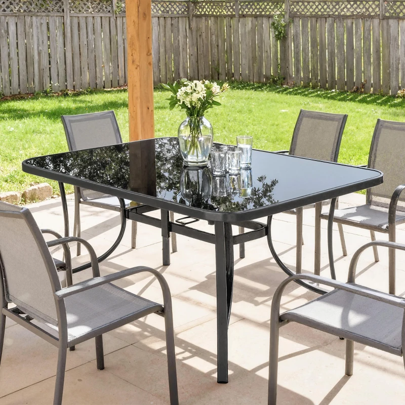 Outsunny Outdoor Dining Table for 6 with Umbrella Hole, Metal Patio Dining Table with Tempered Glass Top