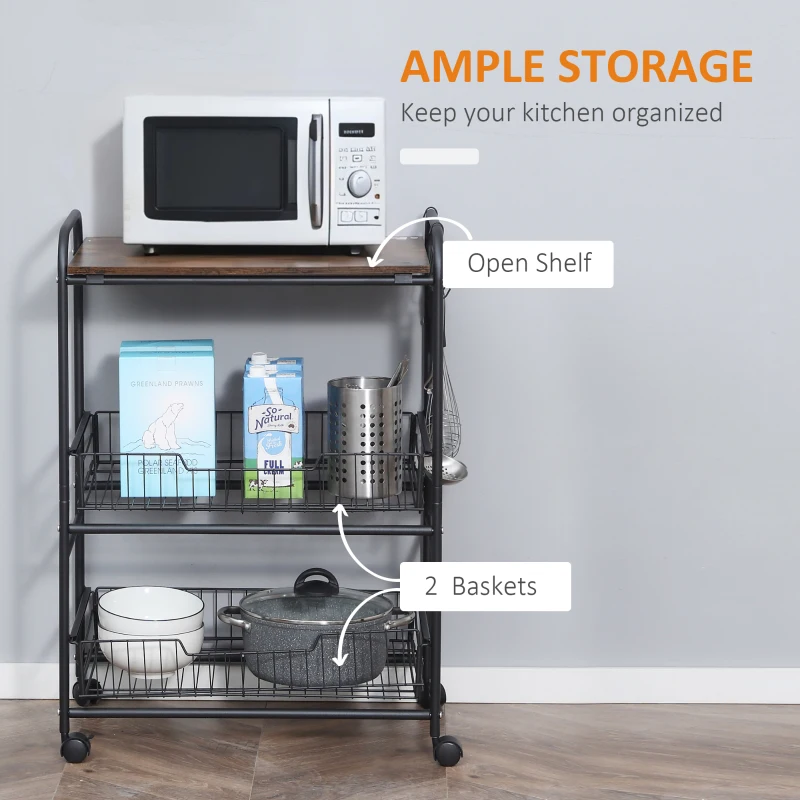 HOMCOM 3 Tier Kitchen Cart with Storage, Rolling Kitchen Island Cart with 2 Sliding Fruit Basket and Side Hooks for Dining Room, Rustic Brown