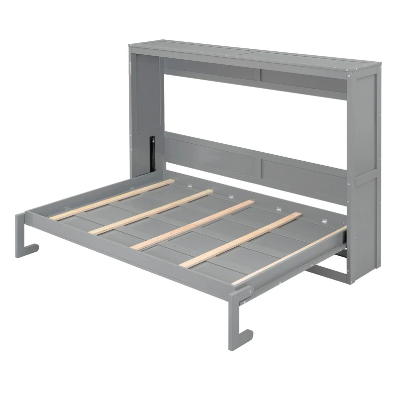 Queen Size Murphy Wall Bed with MDF & Plywood Construction, Fold-Away Cabinet Bed with Flexible Slat Support, 82'' L x 68'' W x 69'' H, Gray