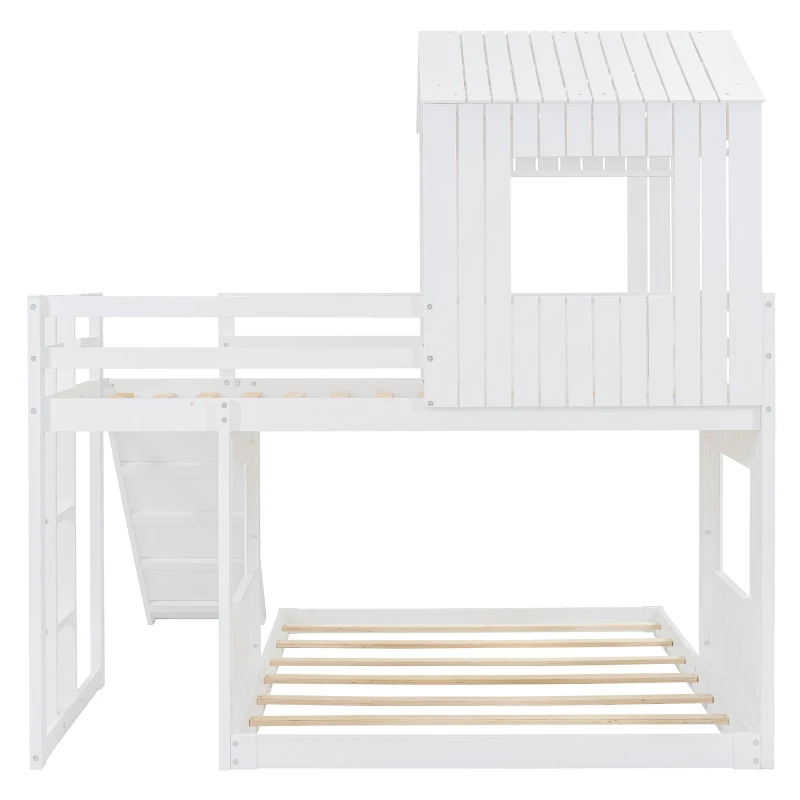 Twin-Over-Full Playhouse Bunk Bed Loft with Slide and 3-Step Ladder, Farmhouse Bed Frame with Guardrails, 82'' L x 89'' W x 82.5'' H, White