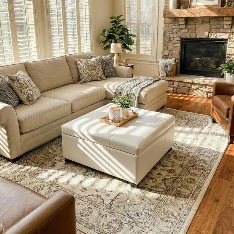 Large Square Ottoman with Upholstered PU Leather and High‑Density Foam, Modern Coffee Table with Storage, 34'' L x 34'' W x 18.5'' H, Beige