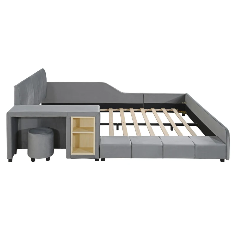 Queen Size Upholstered Bed with Built-In Bedside Desk and Round Stool, Solid Bedboard with Sturdy MDF Frame, 85'' L x 73'' W x 29'' H, Gray