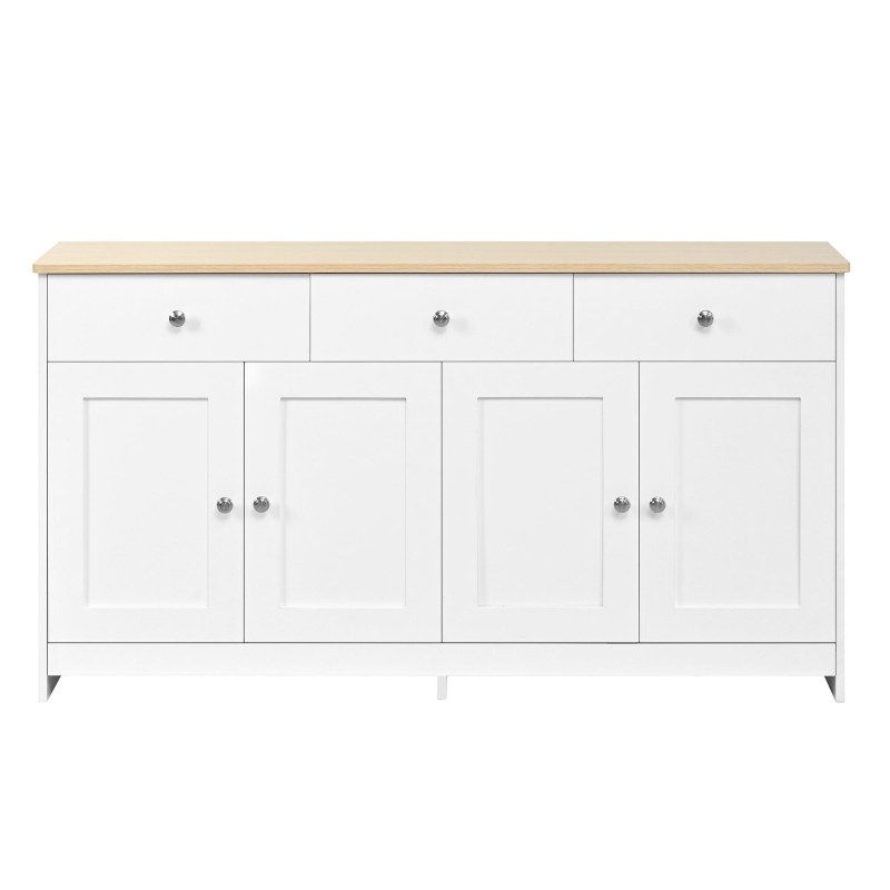 Modern Sideboard Buffet Cabinet with 3 Drawers and 4 Doors, Rustic Storage with Adjustable Shelves, 55'' L x 14.5'' W x 29.5'' H, White+Wood