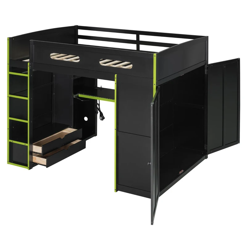 Full Size Wood Loft Bed with Built-In Desk and Gaming Station, Sturdy Bed Frame for Gamers and Multitaskers, 78.5'' L x 56.5'' W x 65'' H, Green