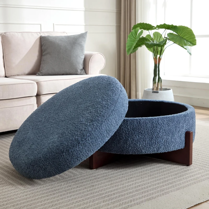 Round Tufted Ottoman with Upholstered Top and Solid Wood Legs, Versatile Coffee Table with Hidden Storage, 32'' L x 32'' W x 18'' H, Blue
