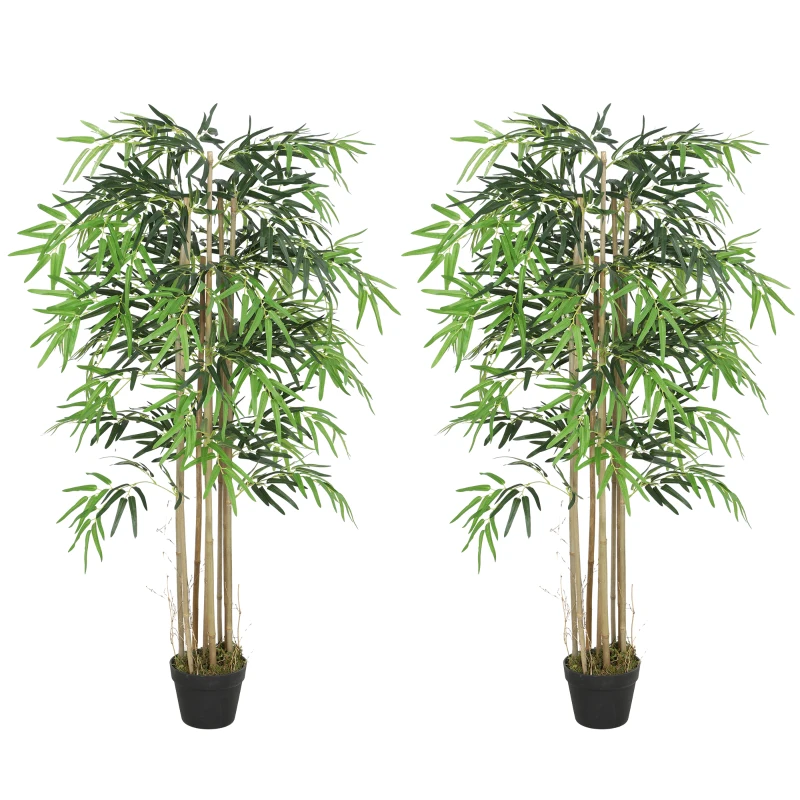 Outsunny 5FT Artificial Bamboo Tree Set of 2, Fake Plant with 1095 Leaves, Greenery Plant in Nursery Pot for Indoor, Green