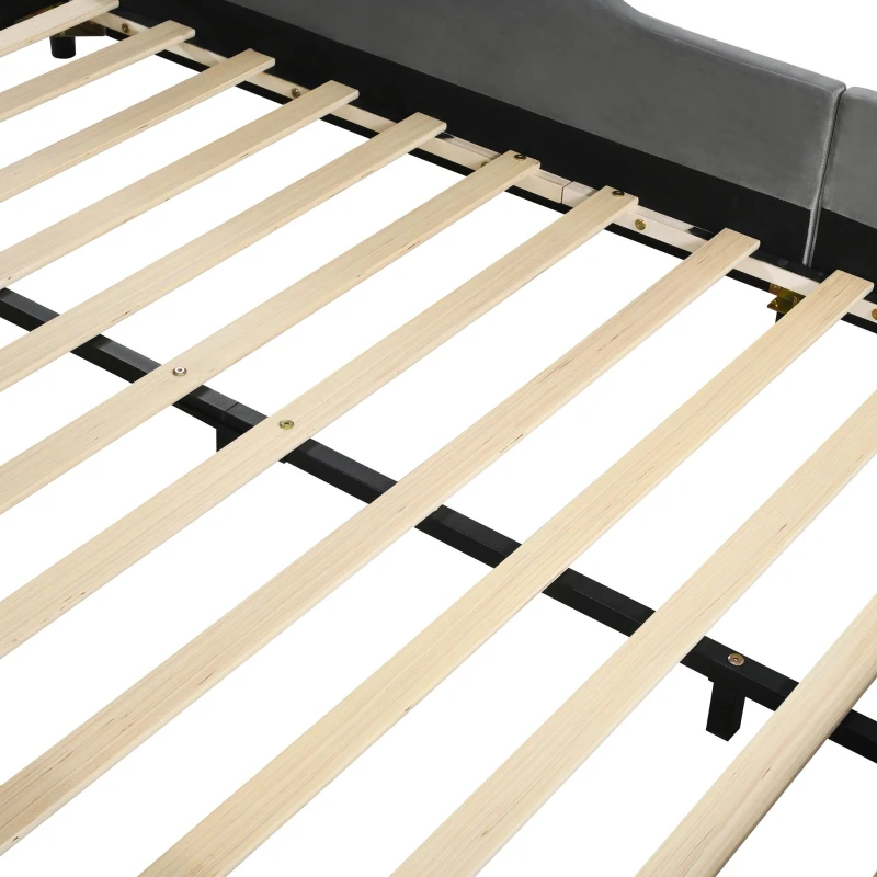 Full Size Upholstered Bed with Built-in Bedside Desk and Round Stool, Solid Bedboard with Plywood & MDF Frame, 80'' L x 68'' W x 29'' H, Gray