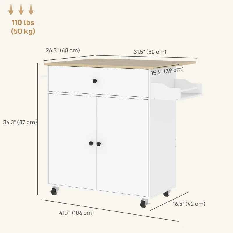 HOMCOM Rolling Kitchen Island with Drop Leaf, Kitchen Storage Cart with Drawer, Spice Rack and Towel Rack, White