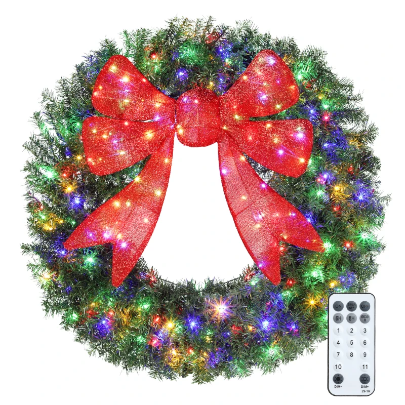 HOMCOM 48in Pre-Lit Christmas Wreath with 3D Red Bow, 11 Lighting Modes, Front Door Christmas Wreath with Remote