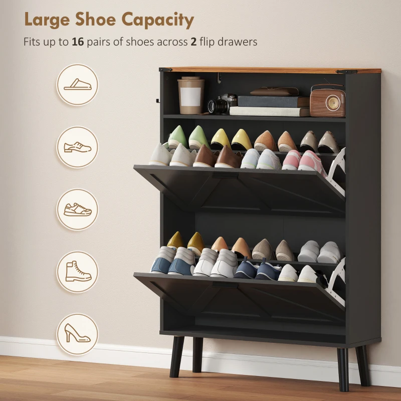 HOMCOM Shoe Storage Cabinet with 2 Flip Drawers, Farmhouse Narrow Shoe Cabinet, Holds Up to 16 Pairs, Black