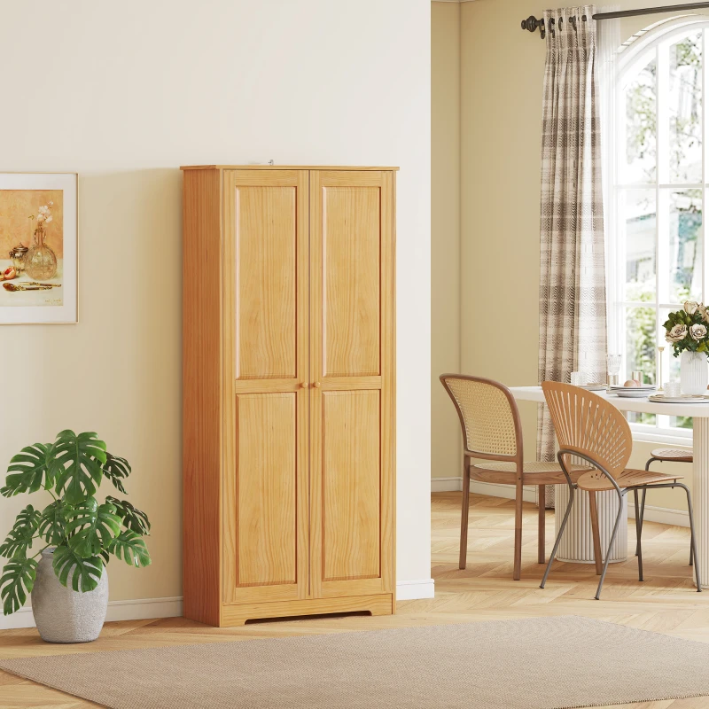 HOMCOM 67" Pinewood Kitchen Pantry Storage Cabinet, Freestanding Cabinets with Doors and Shelves, Dining Room