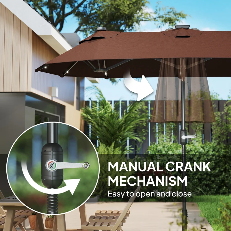 Outsunny Double-sided Outdoor Patio Umbrella with Solar Lights and Base, Dining Table Umbrella Push Button Tilt, Coffee