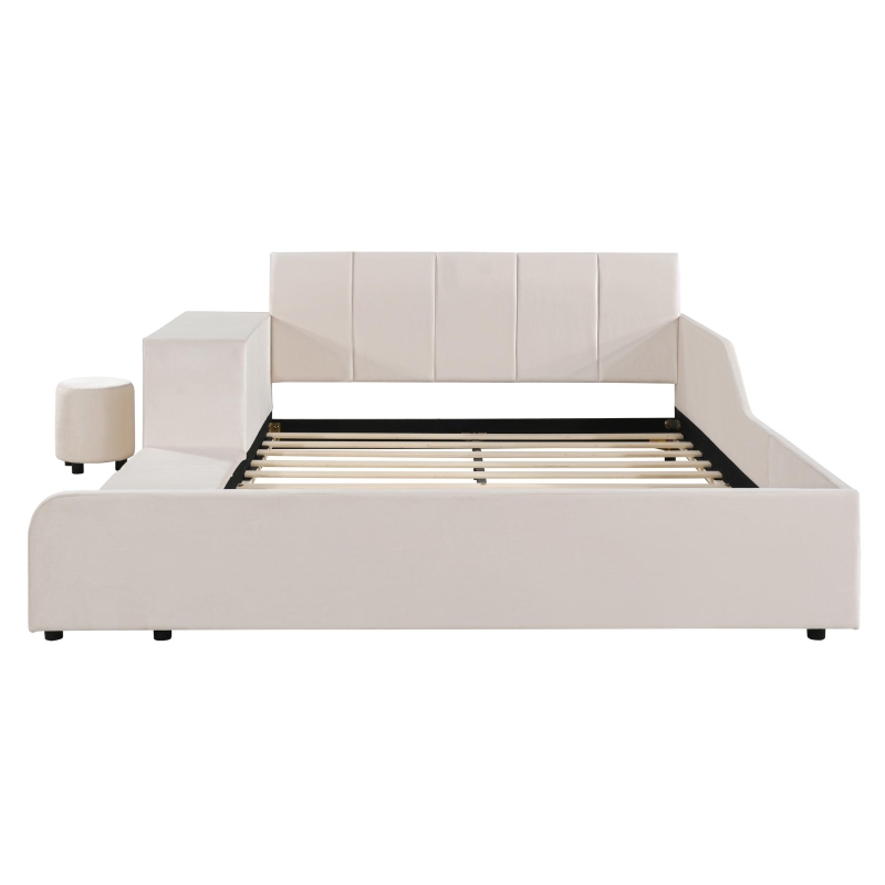 Full Size Upholstered Platform Bed with Built-In Bedside Desk and Round Stool, Solid Bedboard for Families, 80'' L x 68'' W x 29'' H, Beige