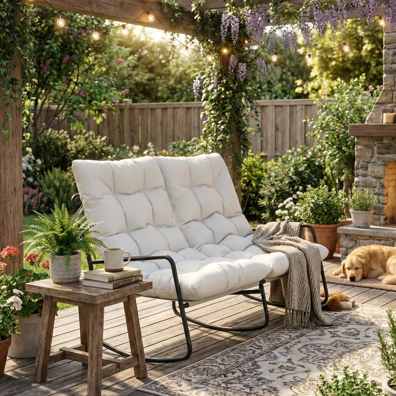 Outsunny 2-Person Outdoor Rocking Chair, Rocking Outdoor Bench with Cushions and Mesh Seat, 528 LBS Capacity, Light Grey