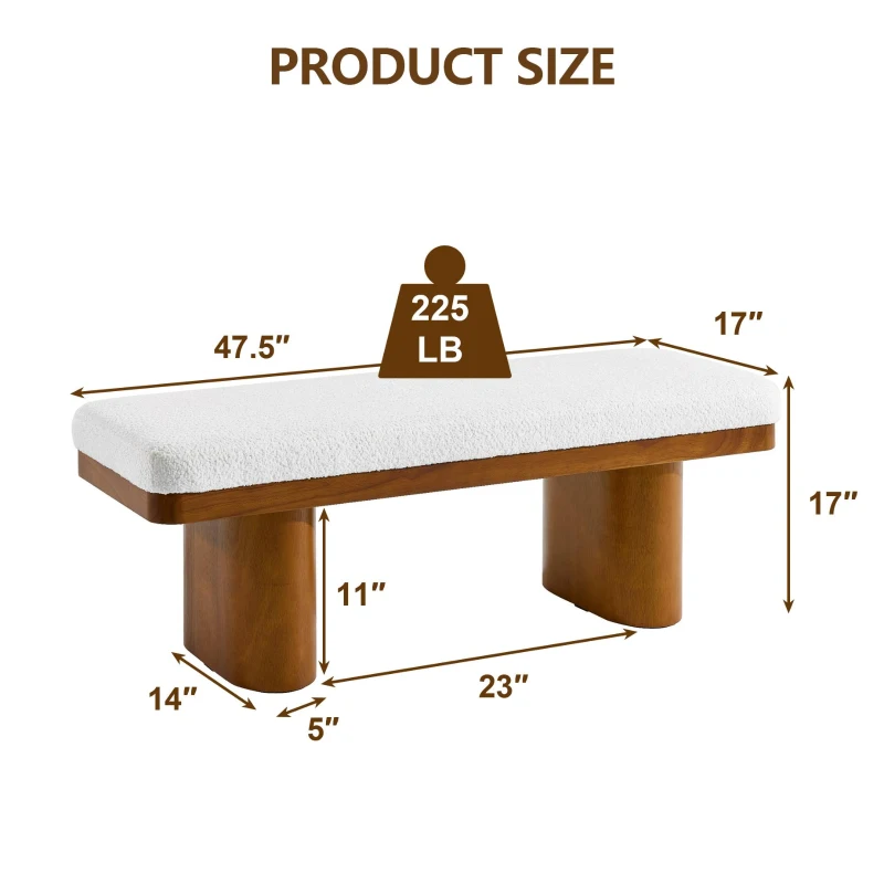 End-of-Bed Bench with Velvet Upholstery and High‑Density Foam Seat, Modern Ottoman with Rubberwood Legs, 47'' L x 17'' W x 17'' H, Walnut