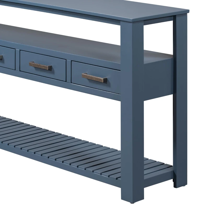 Large Entryway Console with 4 Drawers and 3-Tier Open Shelves, Versatile Table with Adjustable Feet, 62'' L x 14'' W x 32'' H, Navy Blue