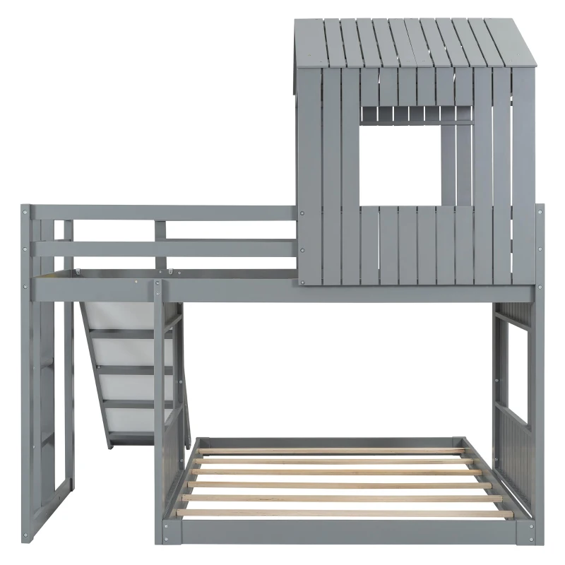 Wooden Twin-Over-Full Bunk Bed with Integrated 3-Step Ladder and Guardrails, Playhouse Loft Bed with Slide, 82'' L x 89'' W x 82.5'' H, Gray
