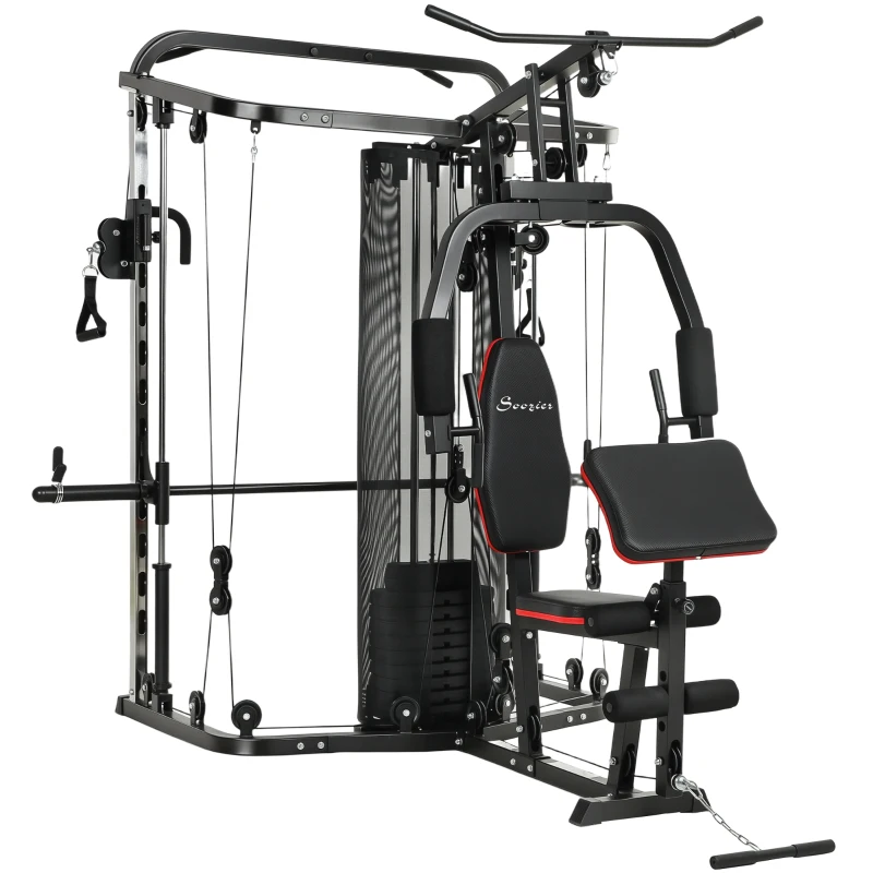 Soozier Home Multi Gym Smith Machine with 143LBS Weight Stack, Cable Pulley System, Chest Station, Preacher Pad, Leg Developer