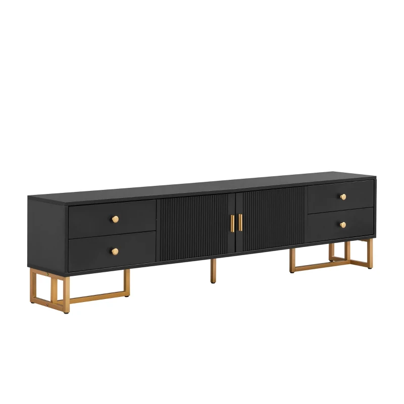 Modern TV Cabinet with Textured Doors, 4 Drawers & 2 Cabinets, Solid TV Stand with Metal Handles and Legs, 69'' L x 12'' W x 17.5'' H, Black