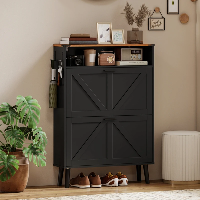 HOMCOM Shoe Storage Cabinet with 2 Flip Drawers, Farmhouse Narrow Shoe Cabinet, Holds Up to 16 Pairs, Black