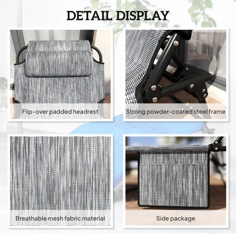 Outsunny 2 Pieces Folding Lounge Chairs with 4-level Reclining Back, Outdoor Tanning Chair with Cushion, Sun Lounger with Breathable Mesh Fabric, Side Pocket, Headrest, Blue