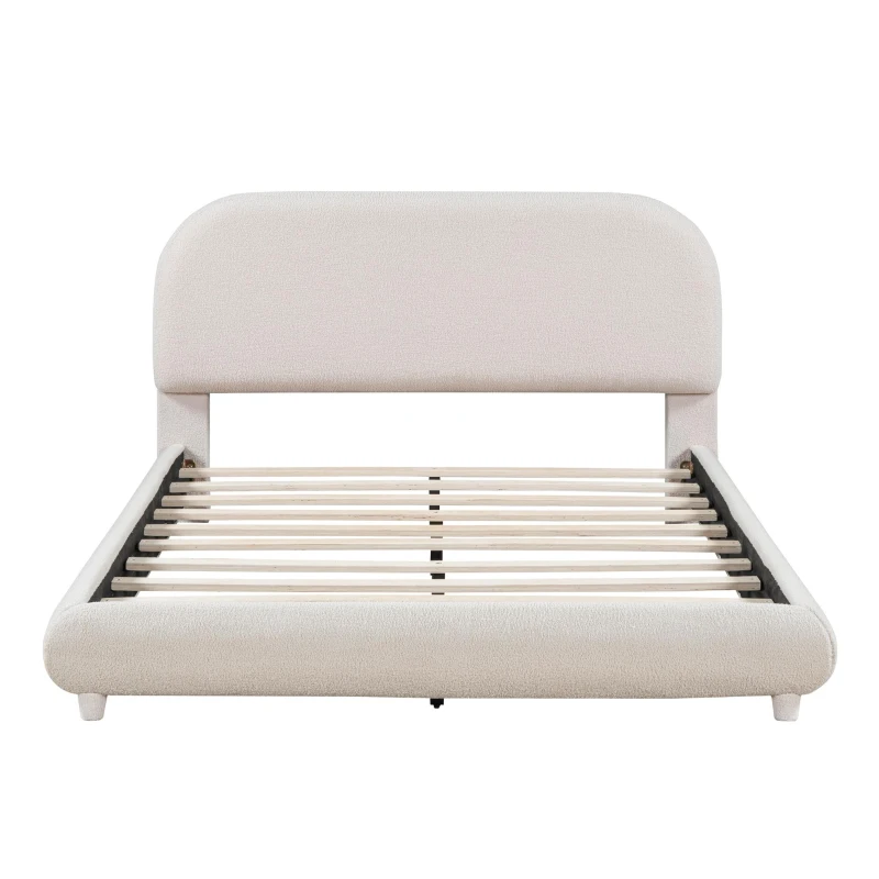 Full Size Upholstered Bed with Curved Headboard and Footboard, Sturdy Bedboard with Plywood & MDF Frame, 80.5'' L x 60'' W x 37'' H, Beige