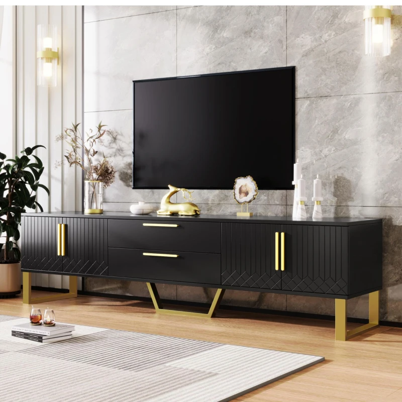 Modern TV Cabinet with Centre Drawers and Internal Shelves, Floor-Standing Console with Cable Management, 67'' L x 15.5'' W x 20.5'' H, Black