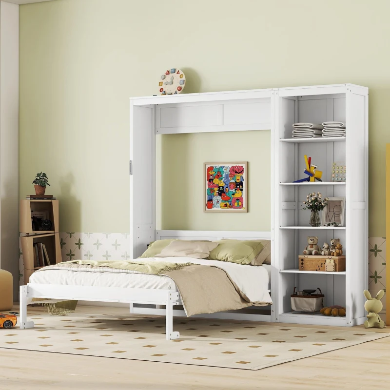 Queen Size Murphy Wall Bed with Reversible Shelf and Flexible Slat, Fold-Away Cabinet with 5-Tier Storage, 94'' L x 82'' W x 88.5'' H, White