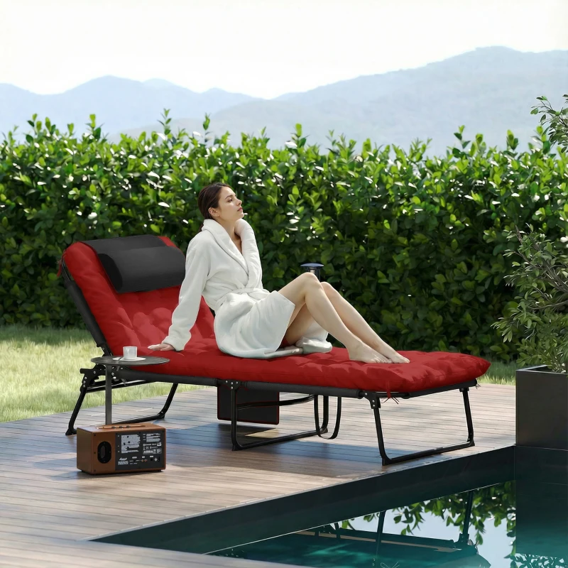 Outsunny Folding Lounge Chair with 4-level Reclining Back & Cushion, Wine Red